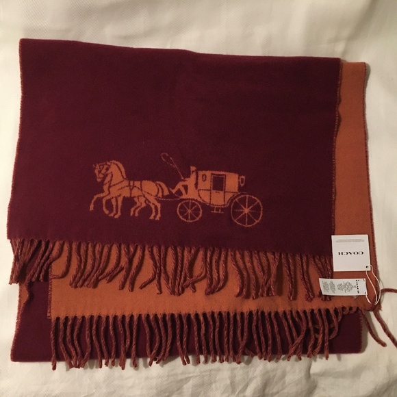 Double faced wool Coach logo scarf - maroon & orange - 'cherry/ginger' - Picture 5 of 9
